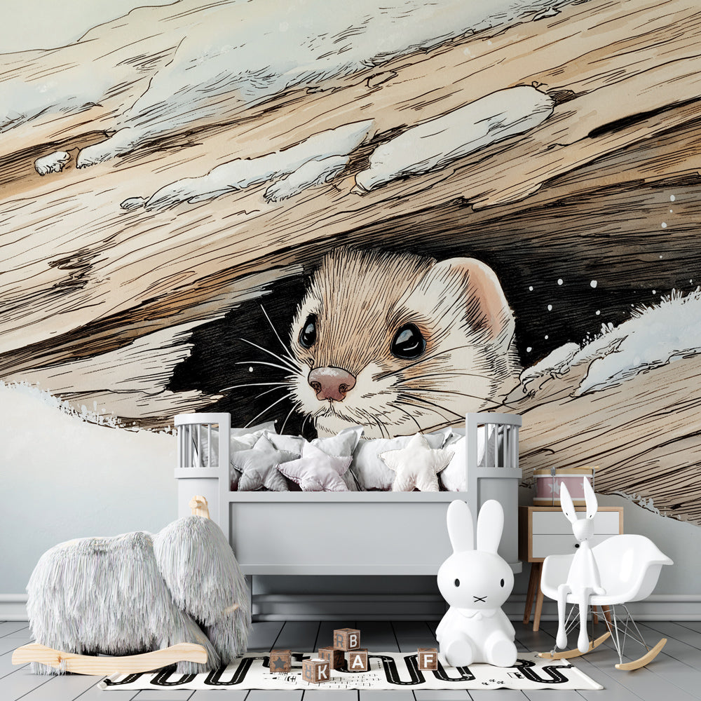 Curious pine marten wallpaper creating peaceful woodland atmosphere in kids bedroom