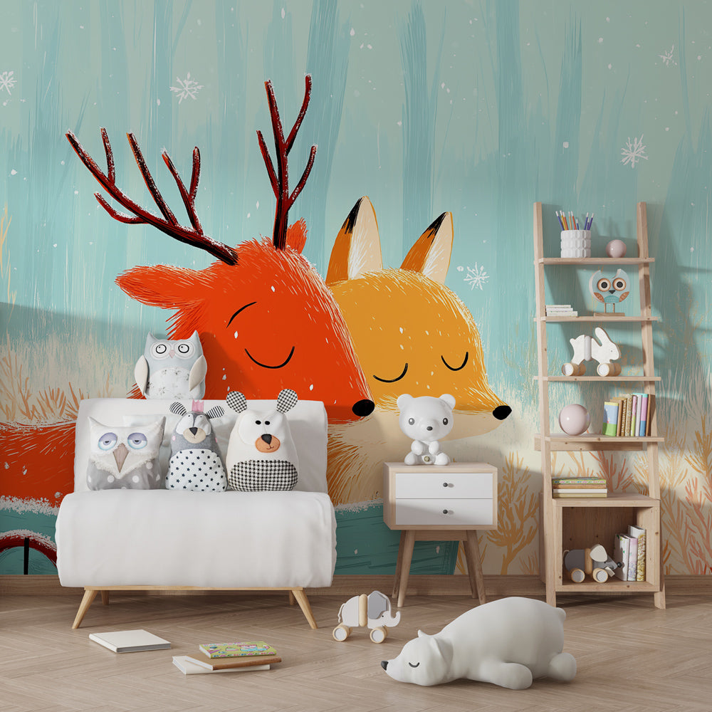 Fox and deer winter fairytale mural wallpaper decorating modern children's bedroom