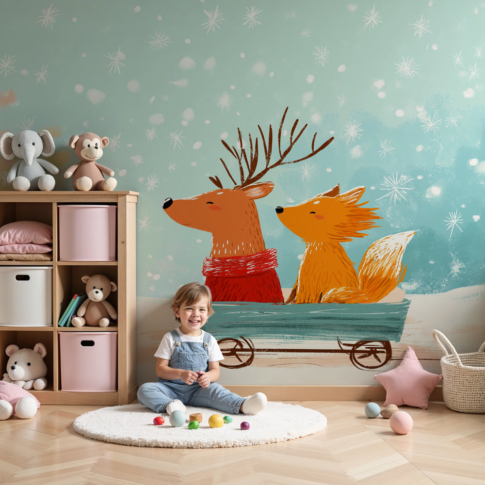 Winter animals mural wallpaper with reindeer and fox sleigh in cozy nursery by Kids-Mundo