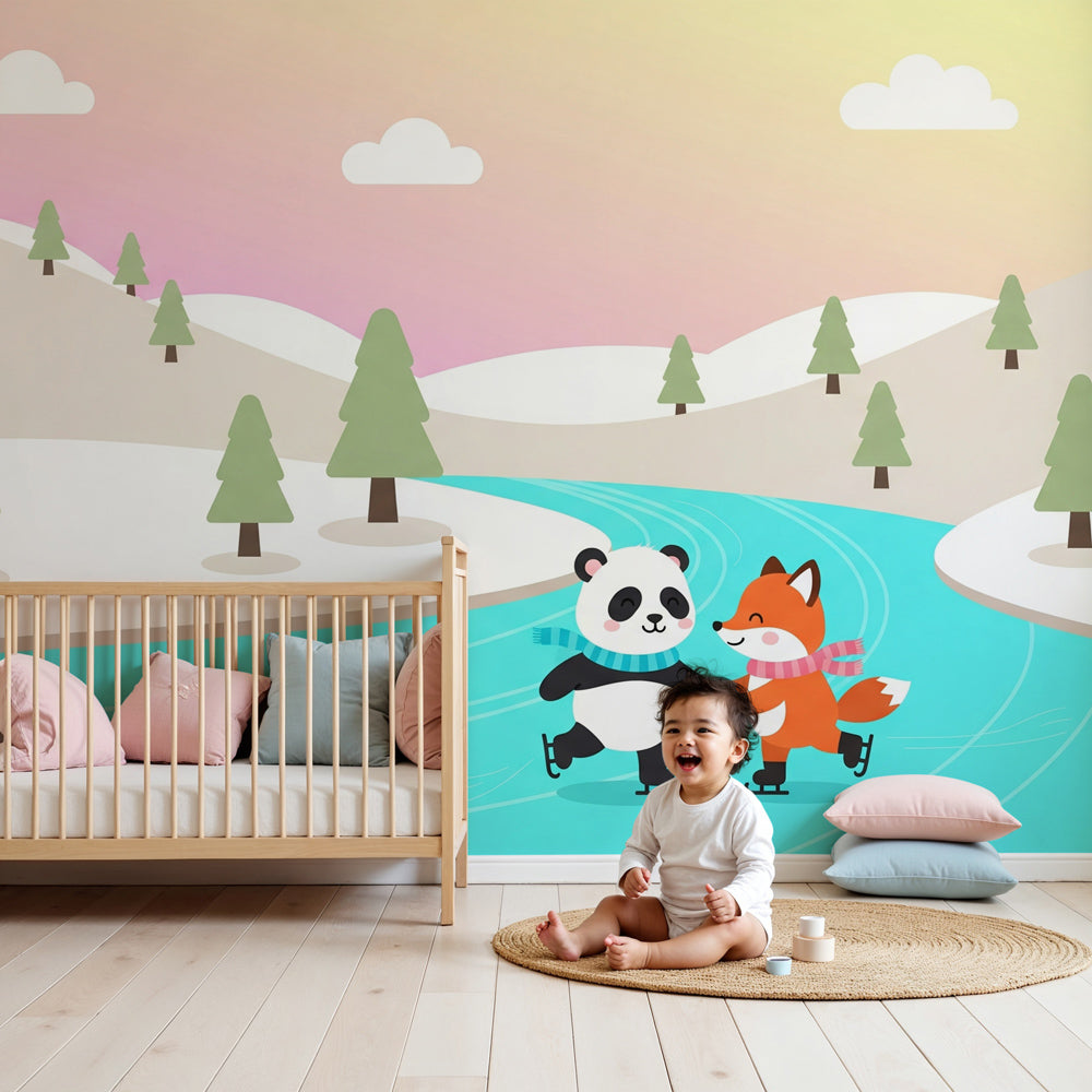Winter animals mural wallpaper with ice skating panda and fox in modern nursery by Kids-Mundo
