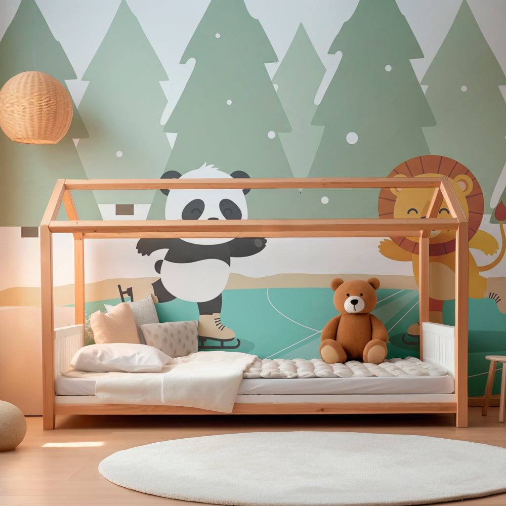 Ice skating panda and lion wallpaper creating magical winter atmosphere in children's playroom