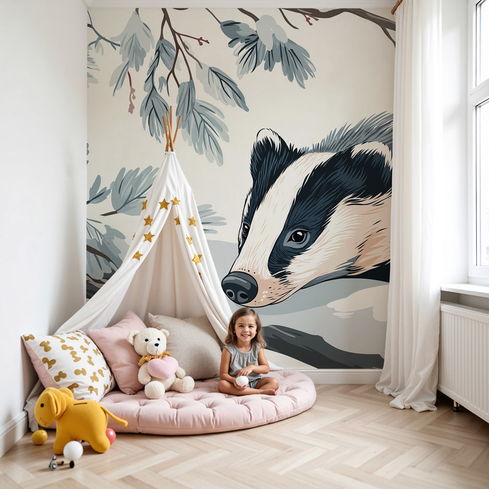 Winter badger mural wallpaper in peaceful nursery setting with natural wood furniture by Kids-Mundo