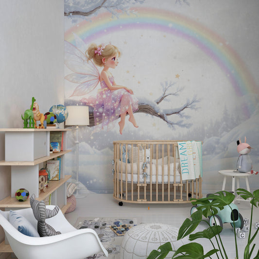 Kids-Mundo fairy and rainbow wall mural bringing gentle sparkle to a kids bedroom
