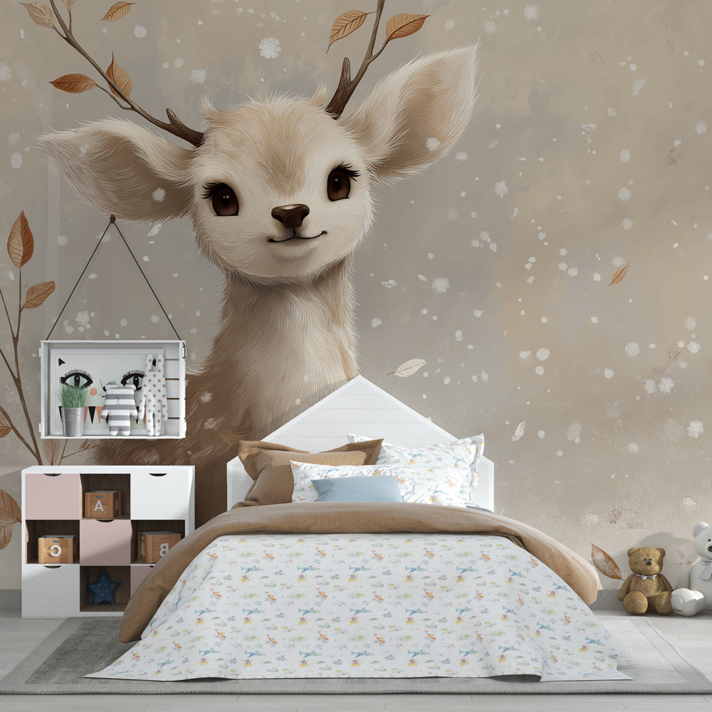 Snowy forest fawn wallpaper creating magical woodland atmosphere in kids bedroom