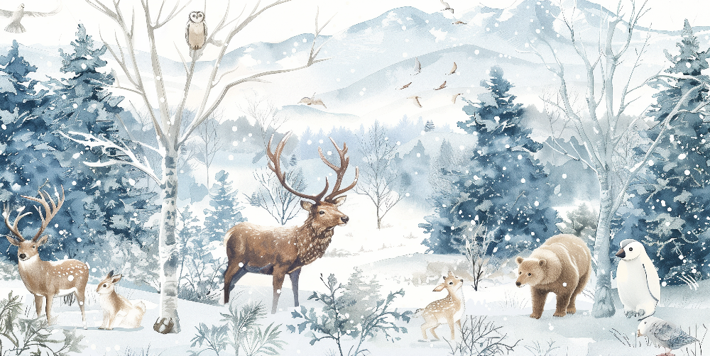 Snowy Forest with Woodland Animals Wall Mural