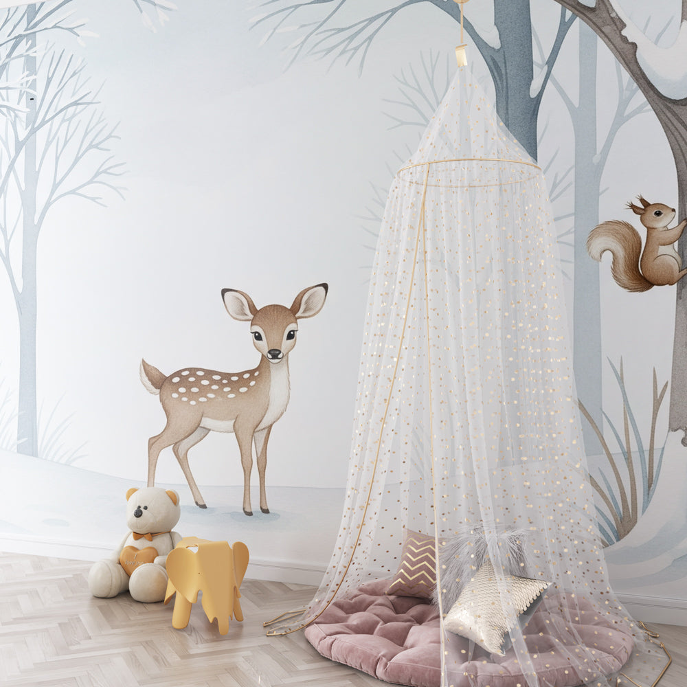 Snowy woodland wallpaper creating magical winter atmosphere in children's bedroom