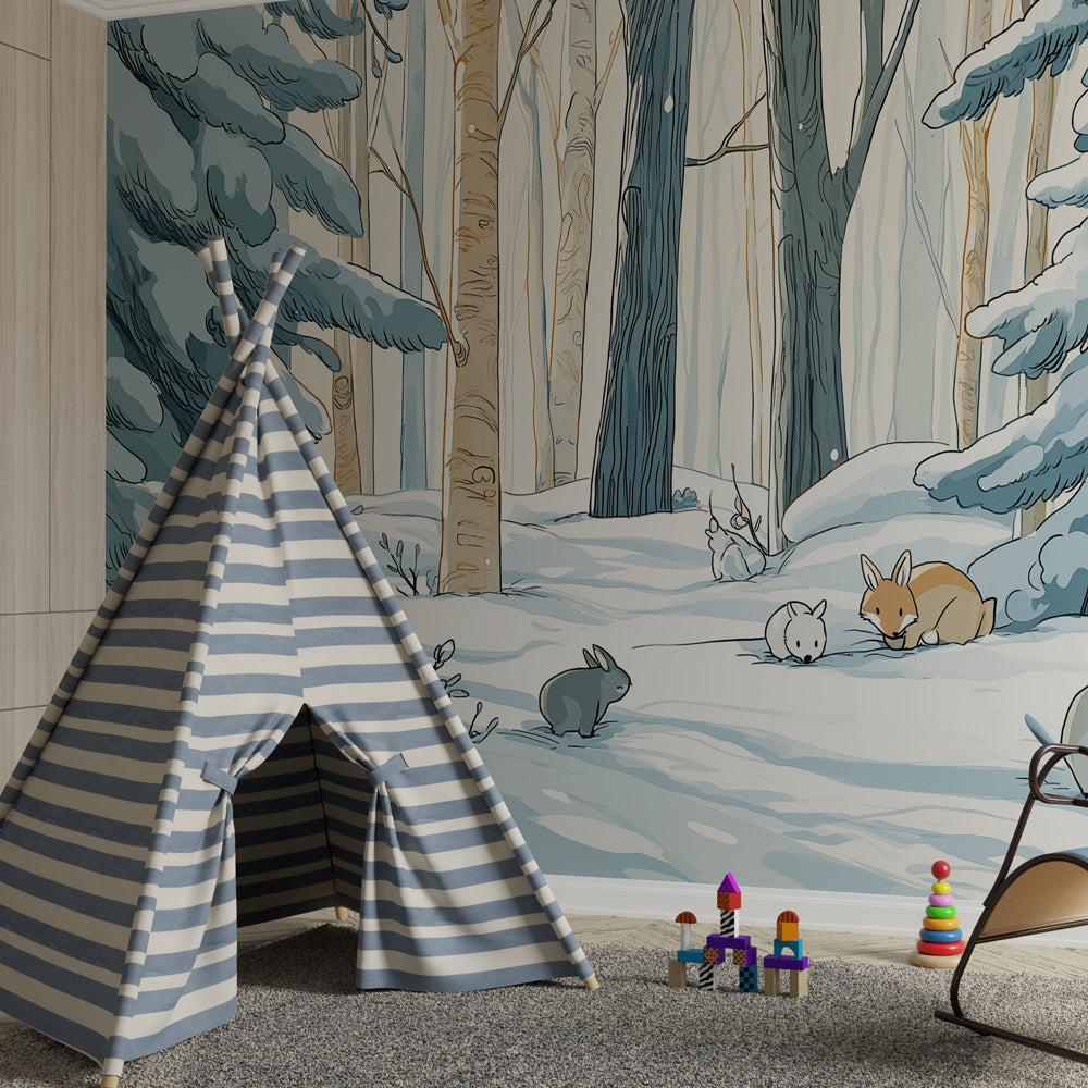 Snowy forest wallpaper creating magical winter atmosphere in kids bedroom decor