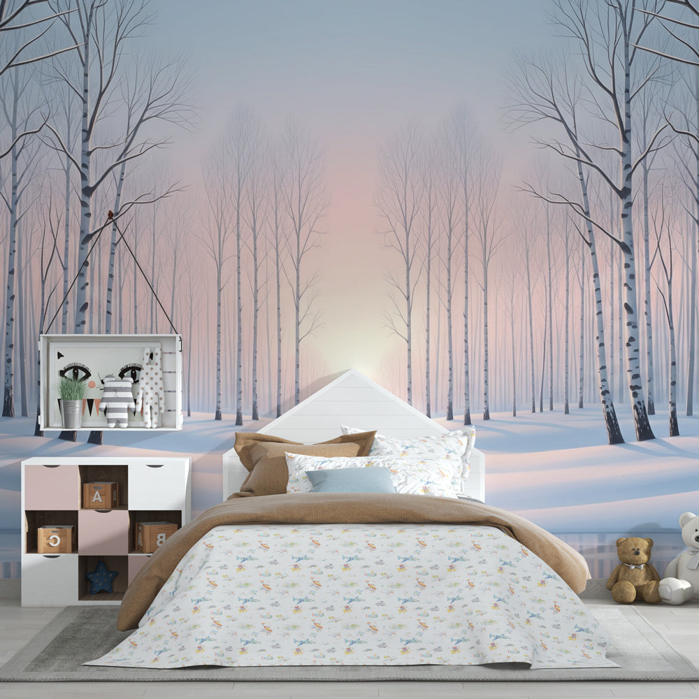 Peaceful birch tree wallpaper creating serene winter atmosphere in children's bedroom