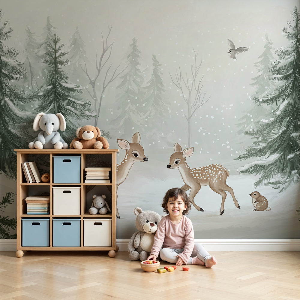 Winter forest mural wallpaper with fawns creating magical nursery decor by Kids-Mundo