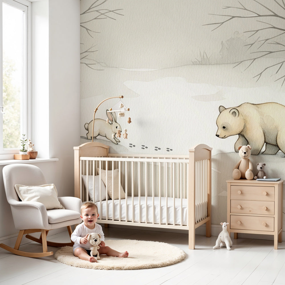 Winter forest animal mural wallpaper in cozy baby nursery with wooden crib by Kids-Mundo