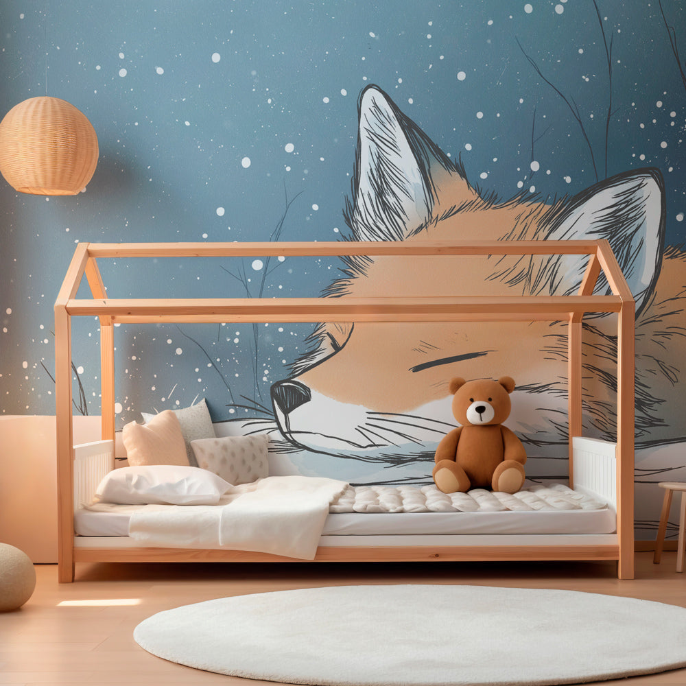 Peaceful fox wallpaper creating serene winter atmosphere in children's bedroom decor