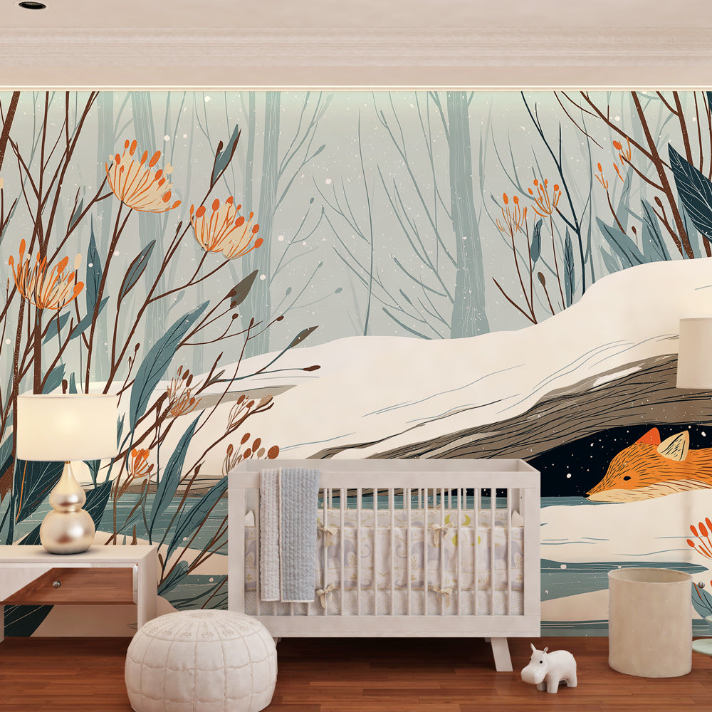 Peaceful fox wallpaper creating serene children's bedroom with winter forest theme