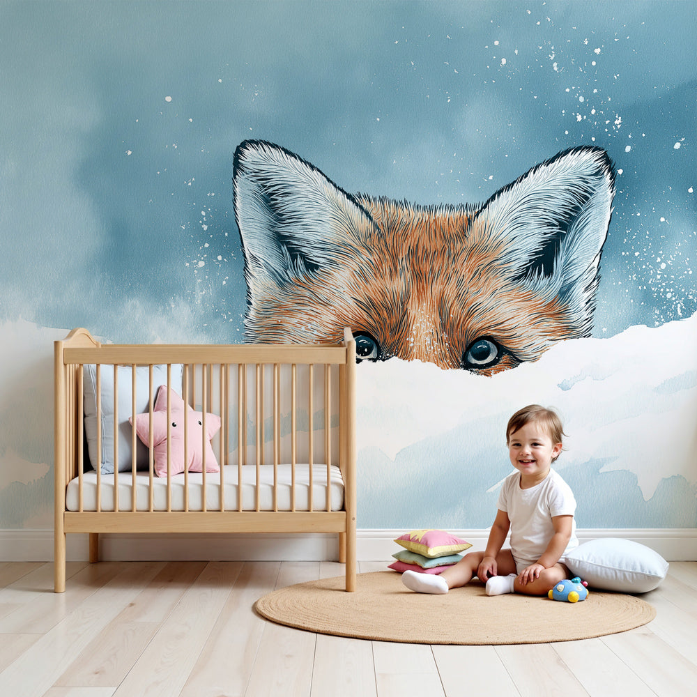 Winter fox mural wallpaper in cozy nursery with natural wood furniture by Kids-Mundo