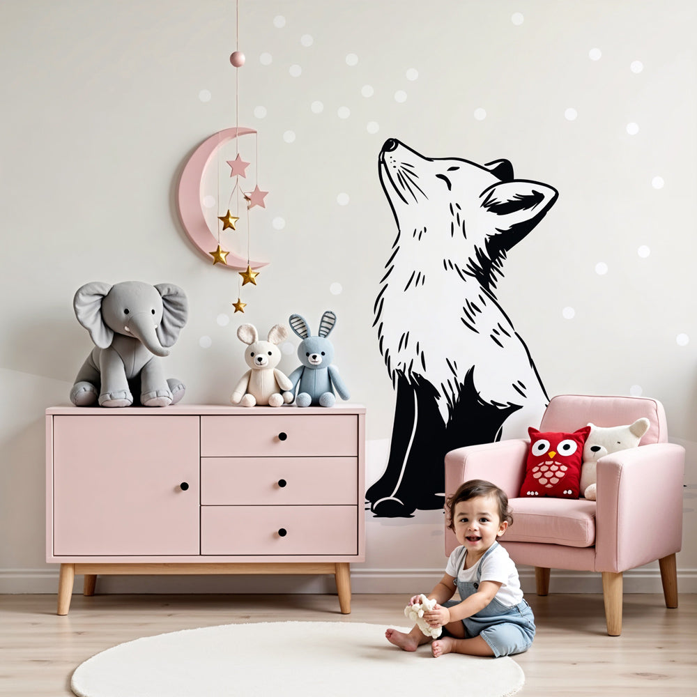 Winter fox mural wallpaper in modern nursery with wooden crib and soft decor by Kids-Mundo