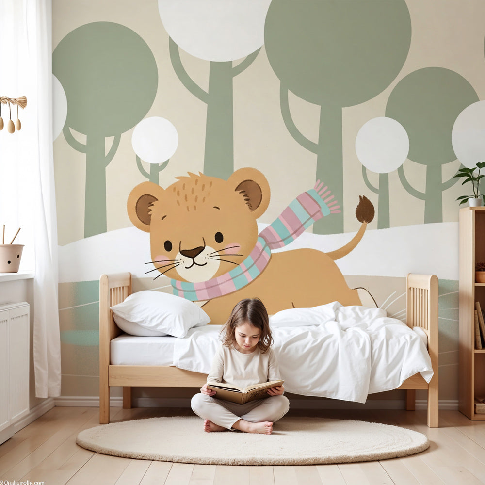 Winter lion cub ice skating mural wallpaper in modern nursery room by Kids-Mundo
