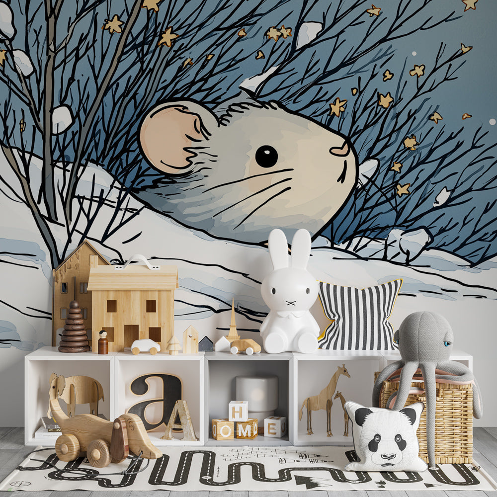 Snowy mouse wallpaper creating magical winter atmosphere in kids bedroom decor