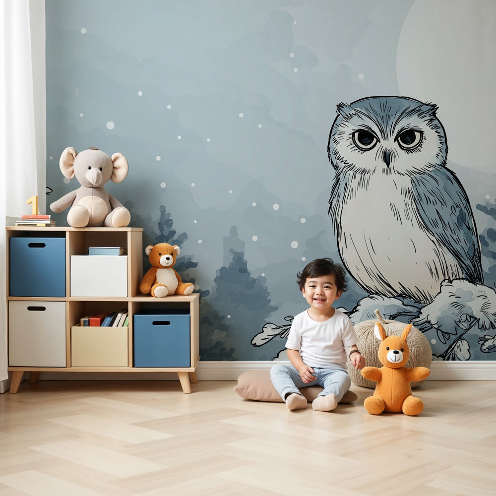 Winter owl mural wallpaper in cozy nursery with snowy forest scene by Kids-Mundo