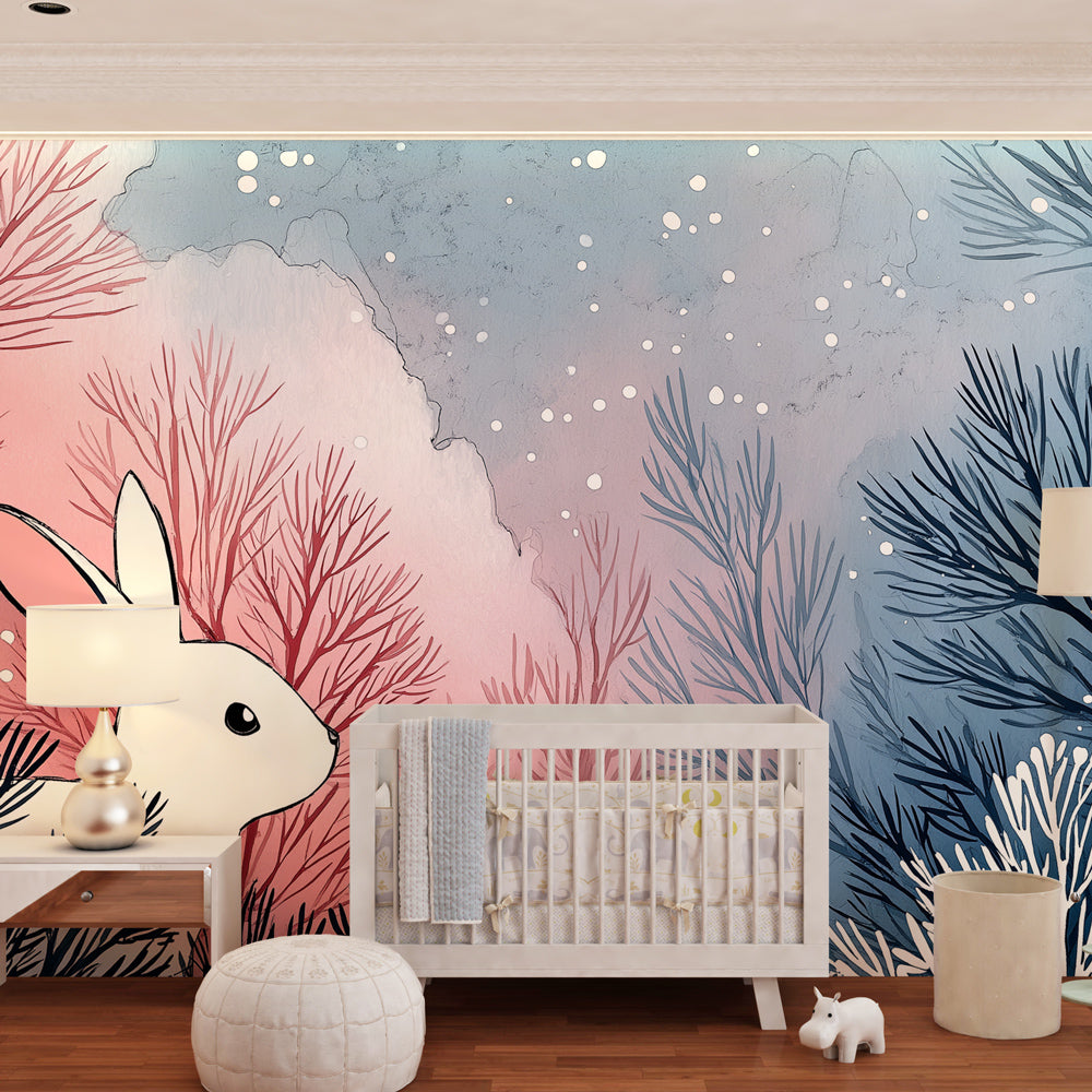 Enchanted forest rabbit wallpaper creating magical children's bedroom decor with winter woodland theme