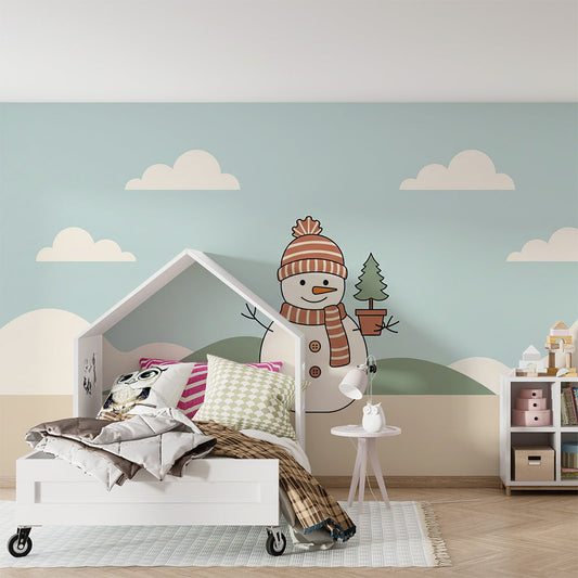 Kids-Mundo winter snowman mural brightening a cosy kids bedroom wall design
