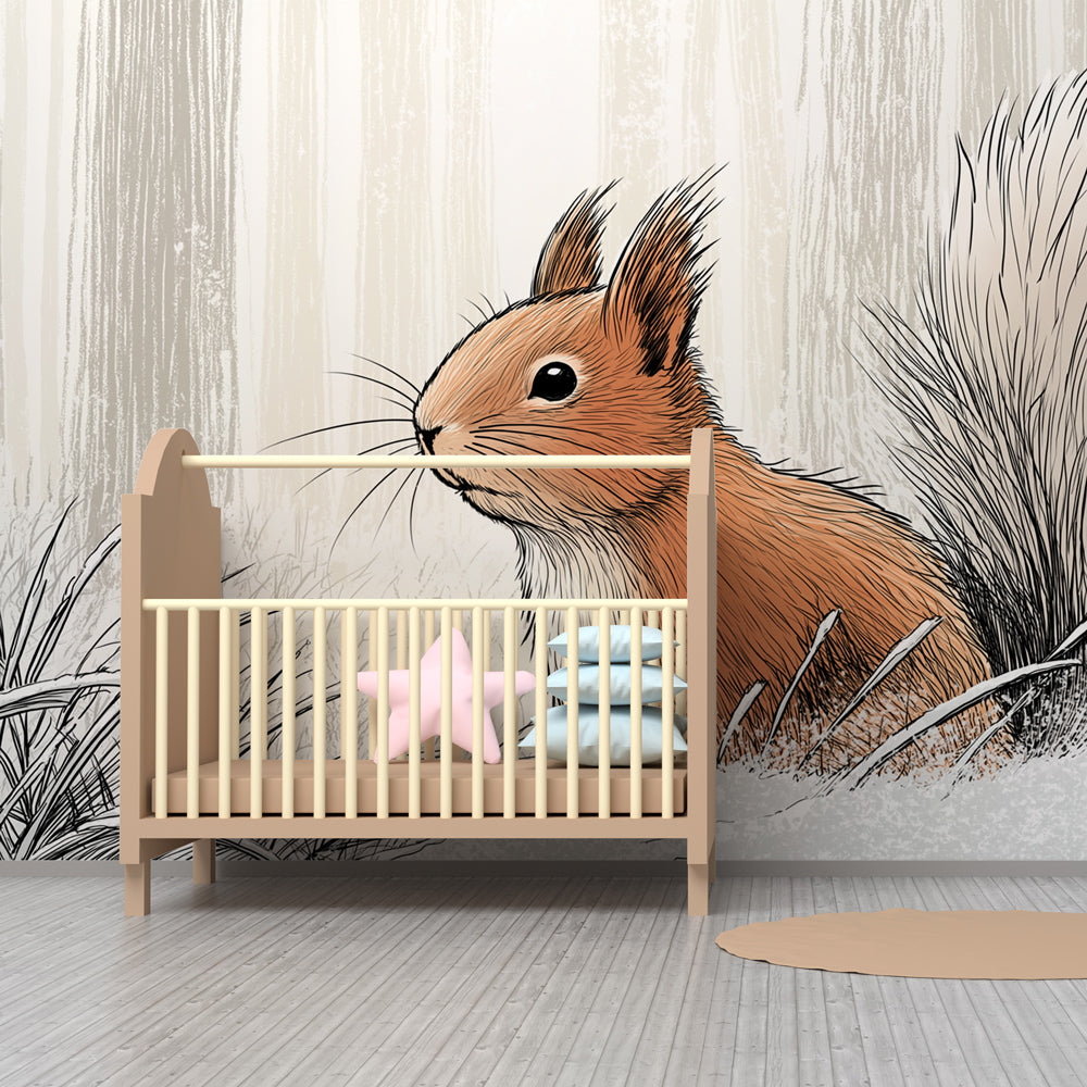Playful squirrel wallpaper with soft winter tones decorating cozy kids bedroom with natural wood furniture