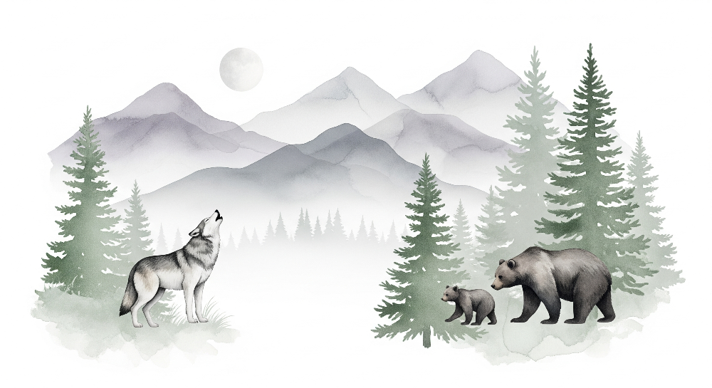 Howling Wolf and Bear Family Wall Mural