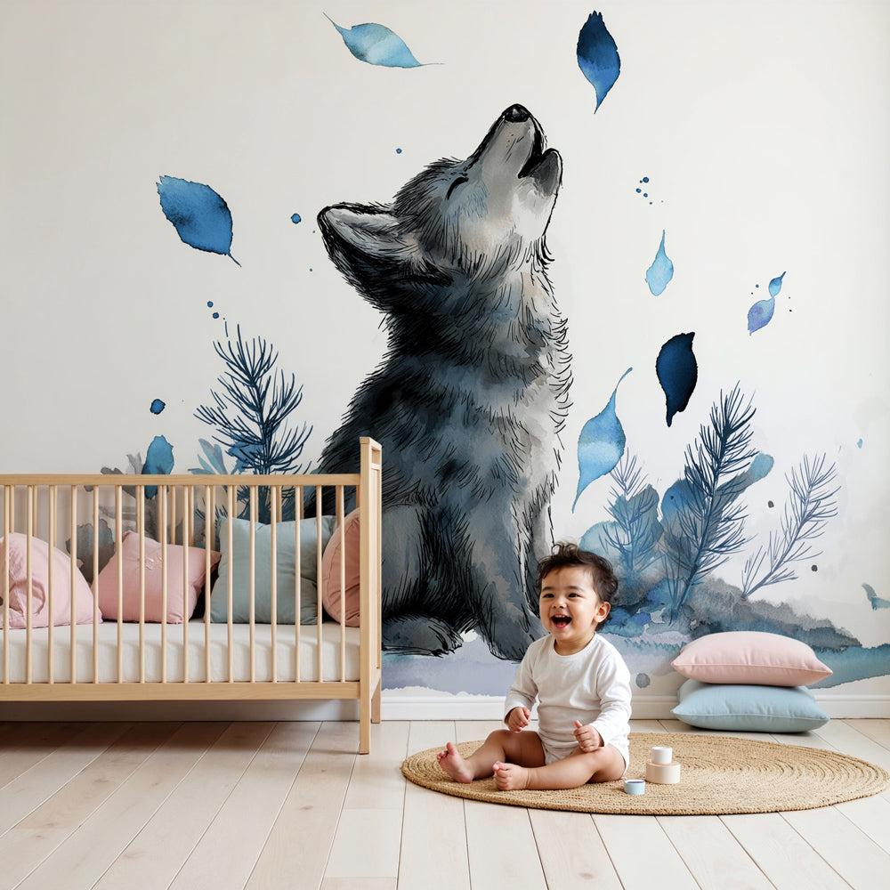 Wolf mural wallpaper creating magical forest atmosphere in modern children's bedroom by Kids-Mundo