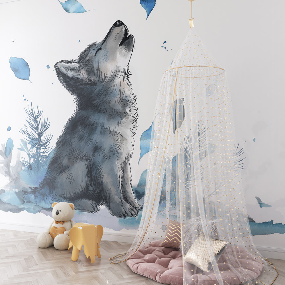 Dreamy wolf wallpaper with watercolor forest design enhancing cozy nursery decor