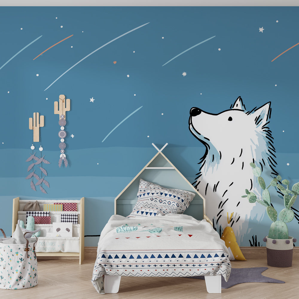 Celestial wolf wallpaper with starry night sky design for children's nursery room decor