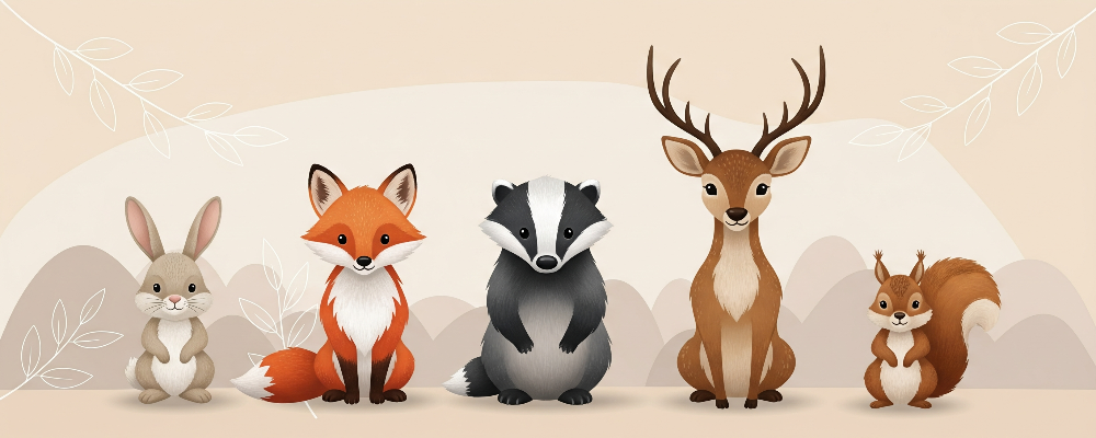 Kids-Mundo flat artwork preview of the woodland animal lineup wall mural with rabbit, fox and deer