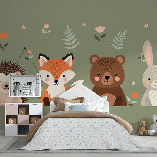 Kids-Mundo hedgehog, fox, bear and rabbit wall mural behind a bed in a cosy kids' bedroom.