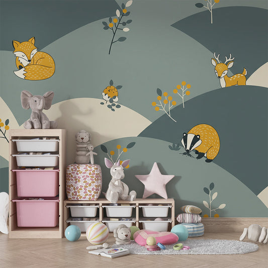 Kids-Mundo woodland animal wall mural behind a bed in a cosy green-grey kids bedroom.