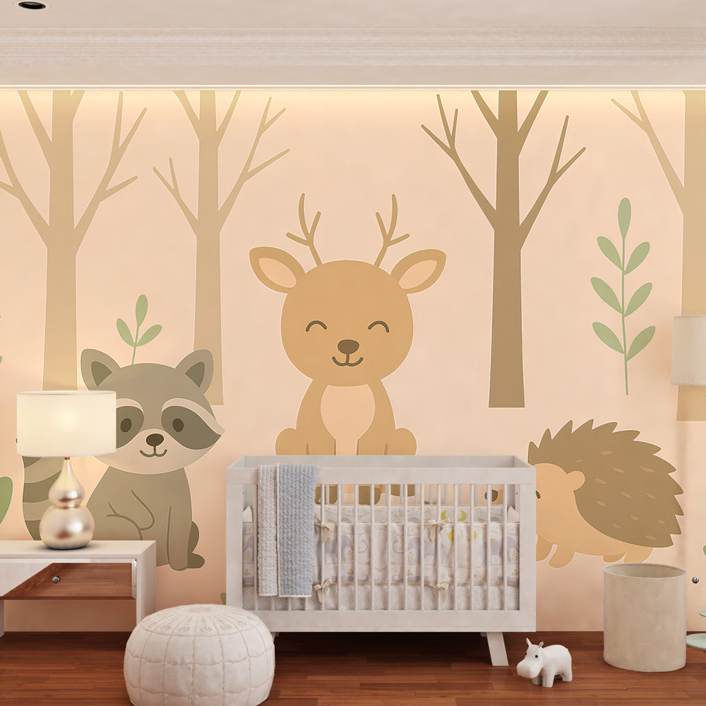 Cute woodland animals wallpaper creating peaceful forest theme in children's bedroom