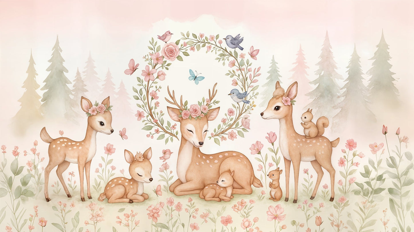 Kids-Mundo deer wall mural flat artwork showing a deer family beneath a floral wreath