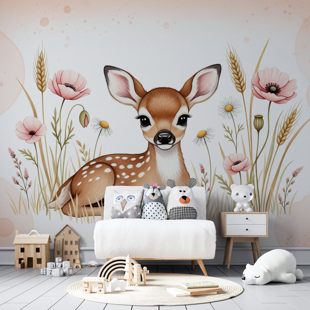 Gentle fawn and flowers mural wallpaper transforming children's bedroom with nature theme by Kids-Mundo