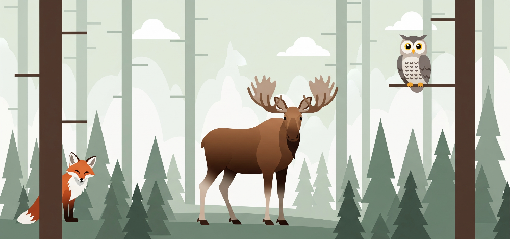 Kids-Mundo flat artwork of a moose, fox and owl standing among soft green pine trees
