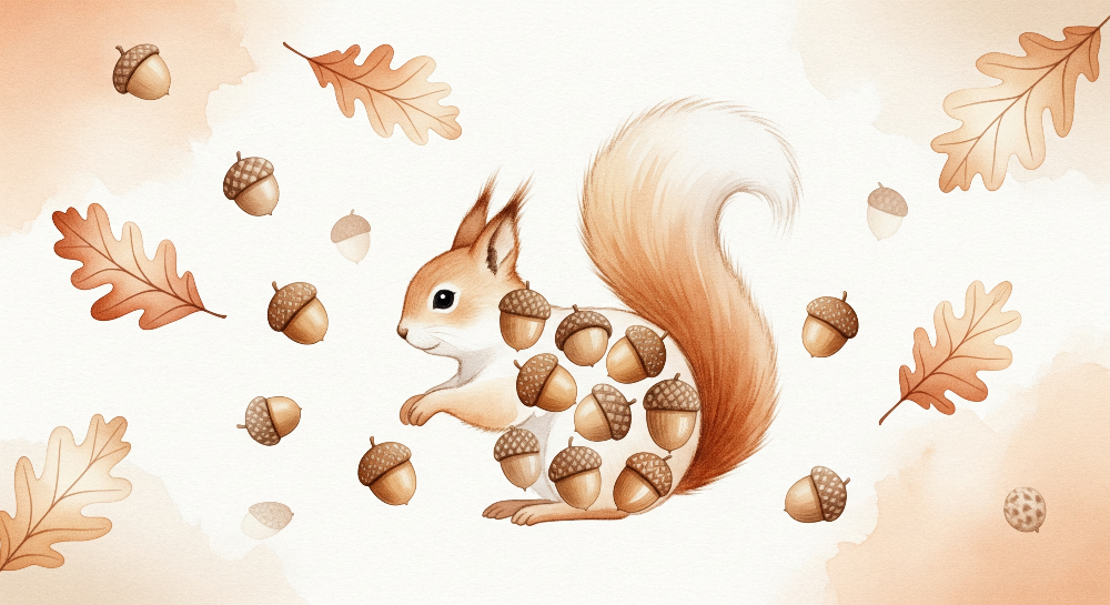 Kids-Mundo hand-painted squirrel and acorn wall mural artwork in warm autumn colours