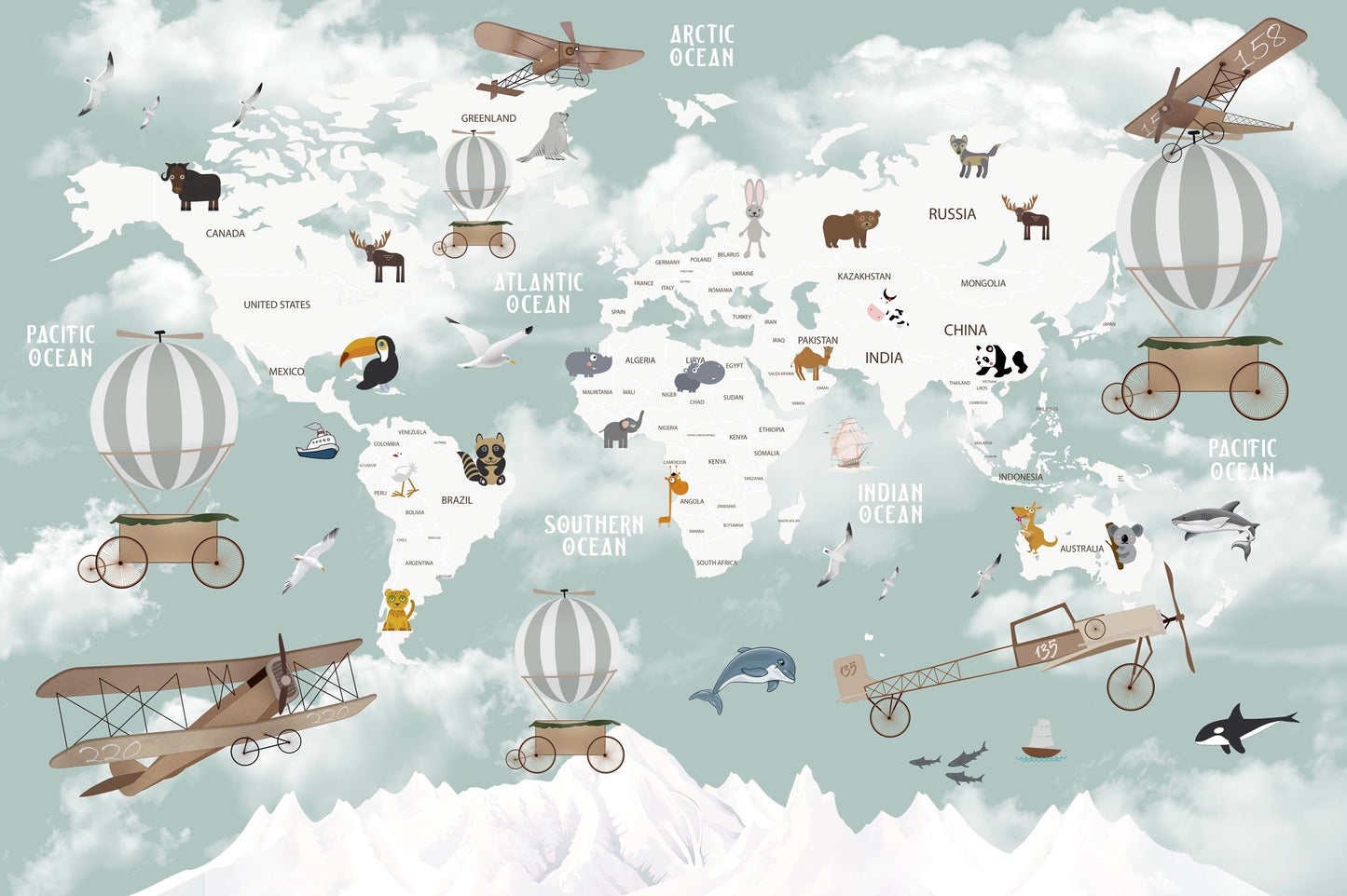 Kids-Mundo flat illustration of a daytime world map with animals, hot air balloons and vintage biplanes over labelled oceans