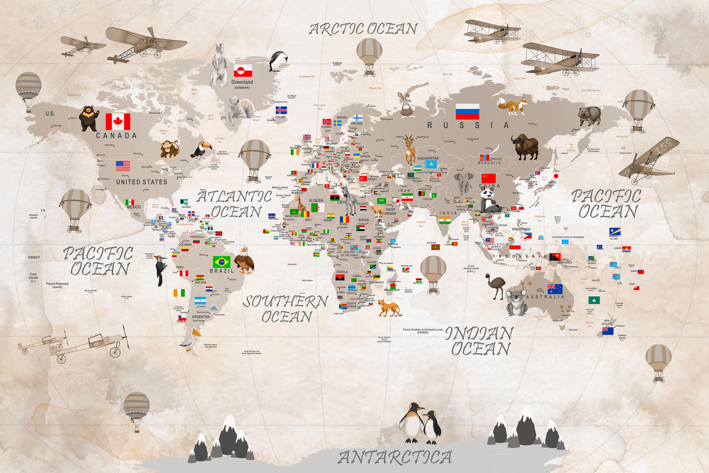 Kids-Mundo vintage world map artwork showing continents, country flags, animals and hot air balloons