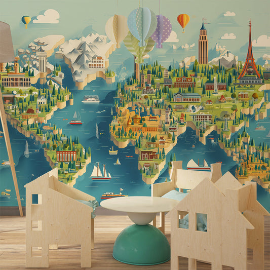 World map mural with hot air balloons by Kids-Mundo covering a wall in a kids bedroom