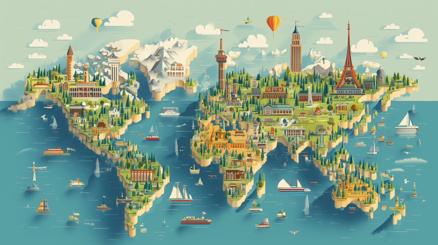 Flat artwork of the Kids-Mundo world map design with hot air balloons and landmarks