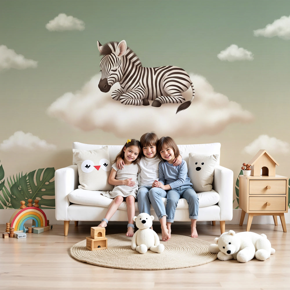 Zebra cloud mural wallpaper in serene baby nursery with tropical jungle theme by Kids-Mundo