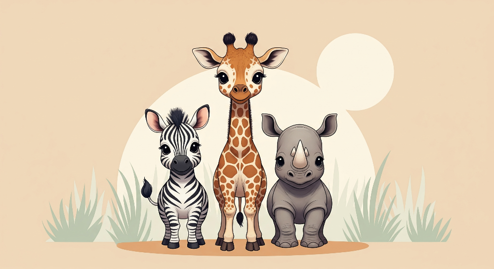 Kids-Mundo flat artwork preview of the zebra, giraffe and rhino wall mural