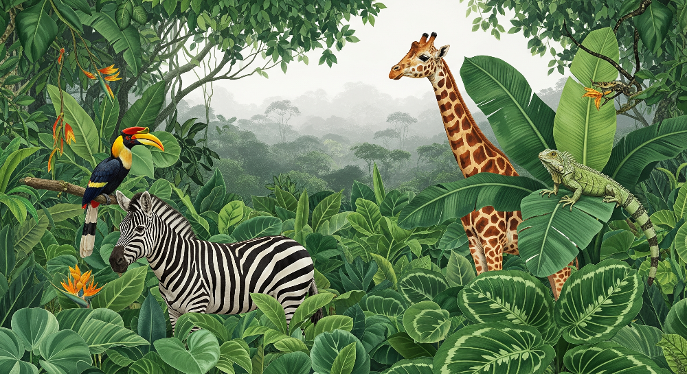 Zebra, Giraffe and Toucan Jungle Wall Mural
