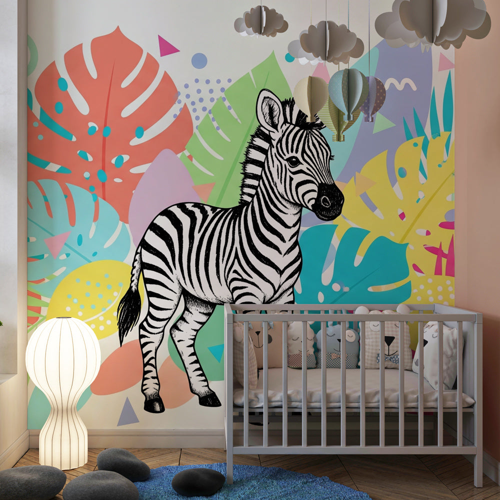 Safari zebra wallpaper creating playful atmosphere in children's bedroom decor