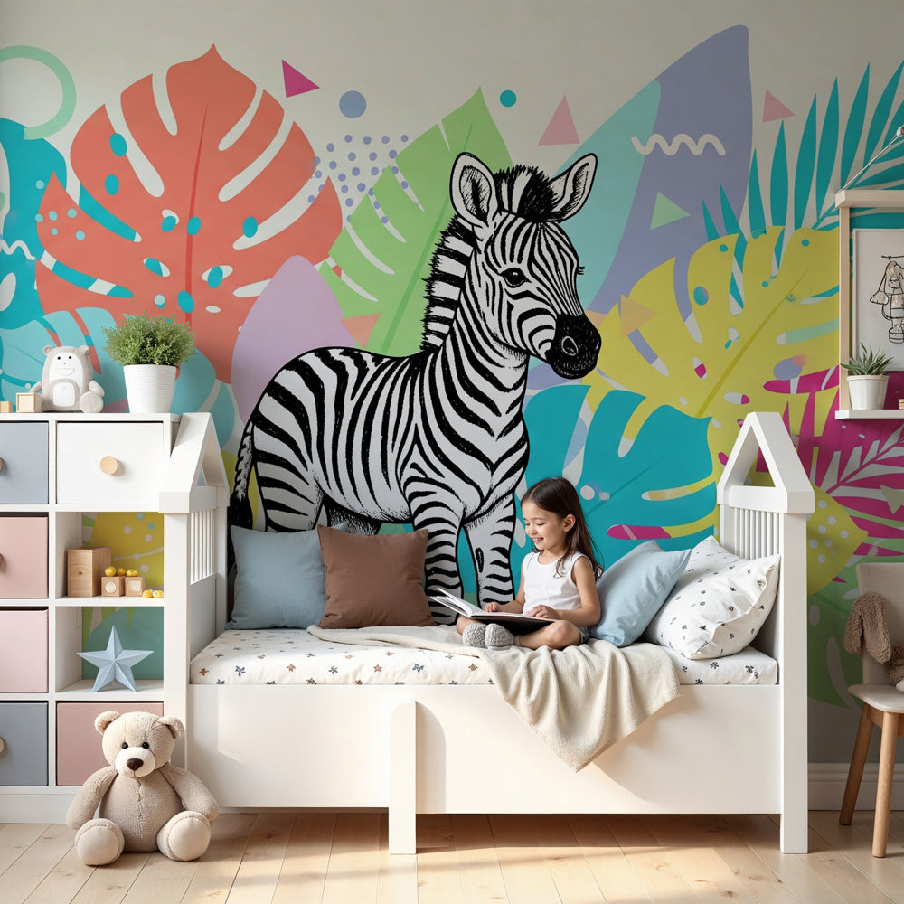 Zebra jungle mural wallpaper in modern nursery with natural wood furniture by Kids-Mundo