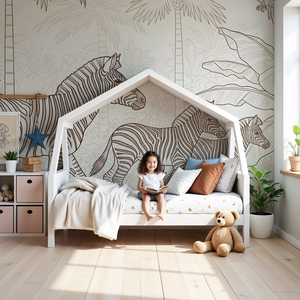 Zebra jungle mural wallpaper in modern safari-themed nursery with natural wood furniture by Kids-Mundo