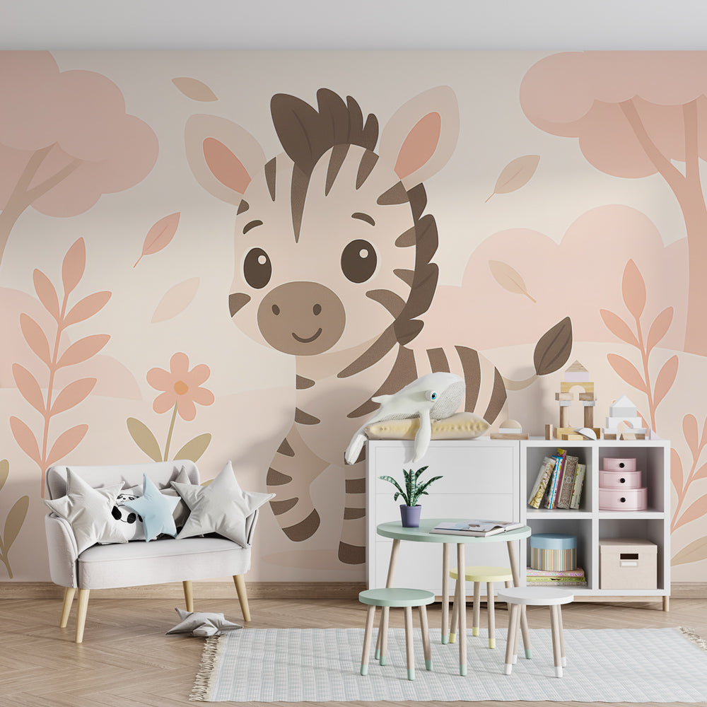 Pastel zebra wallpaper transforming modern children's bedroom with gentle safari theme