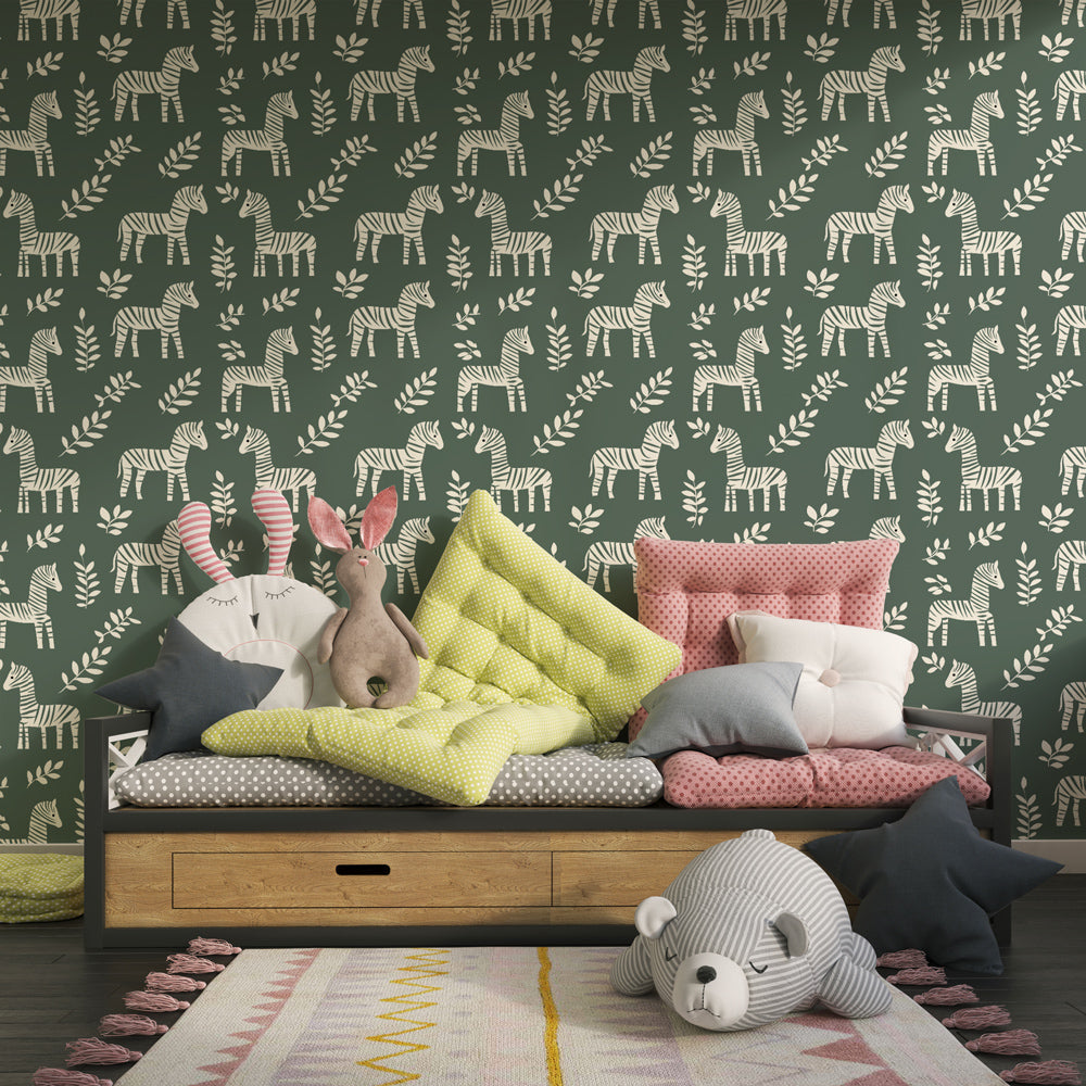 Green zebra safari wallpaper creating adventurous atmosphere in children's bedroom decor