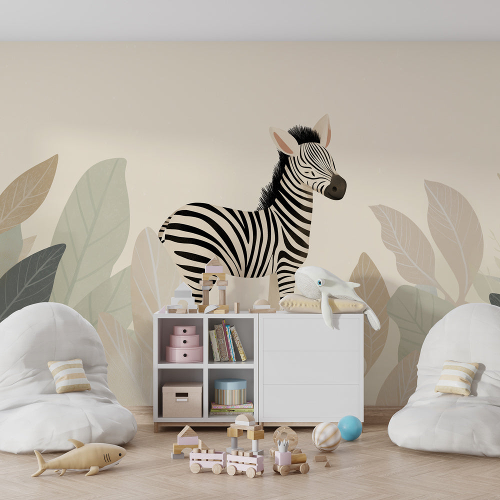 Safari zebra wallpaper in modern kids bedroom with natural wood furniture and cozy atmosphere