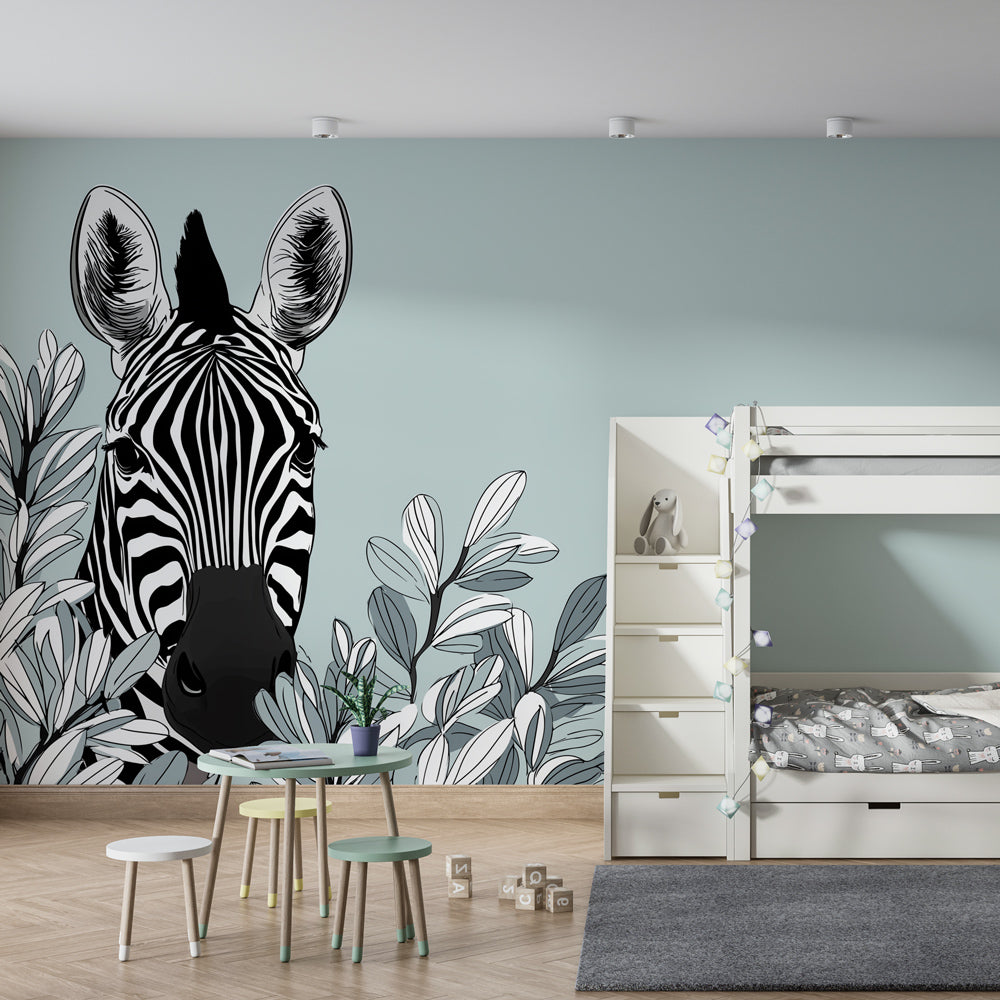 Safari zebra wallpaper transforming modern children's bedroom with artistic black and white design